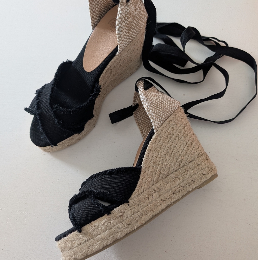 Castaner Black Canvas Espadrille Wedge Sandals with Natural Jute Wedge and Ties
